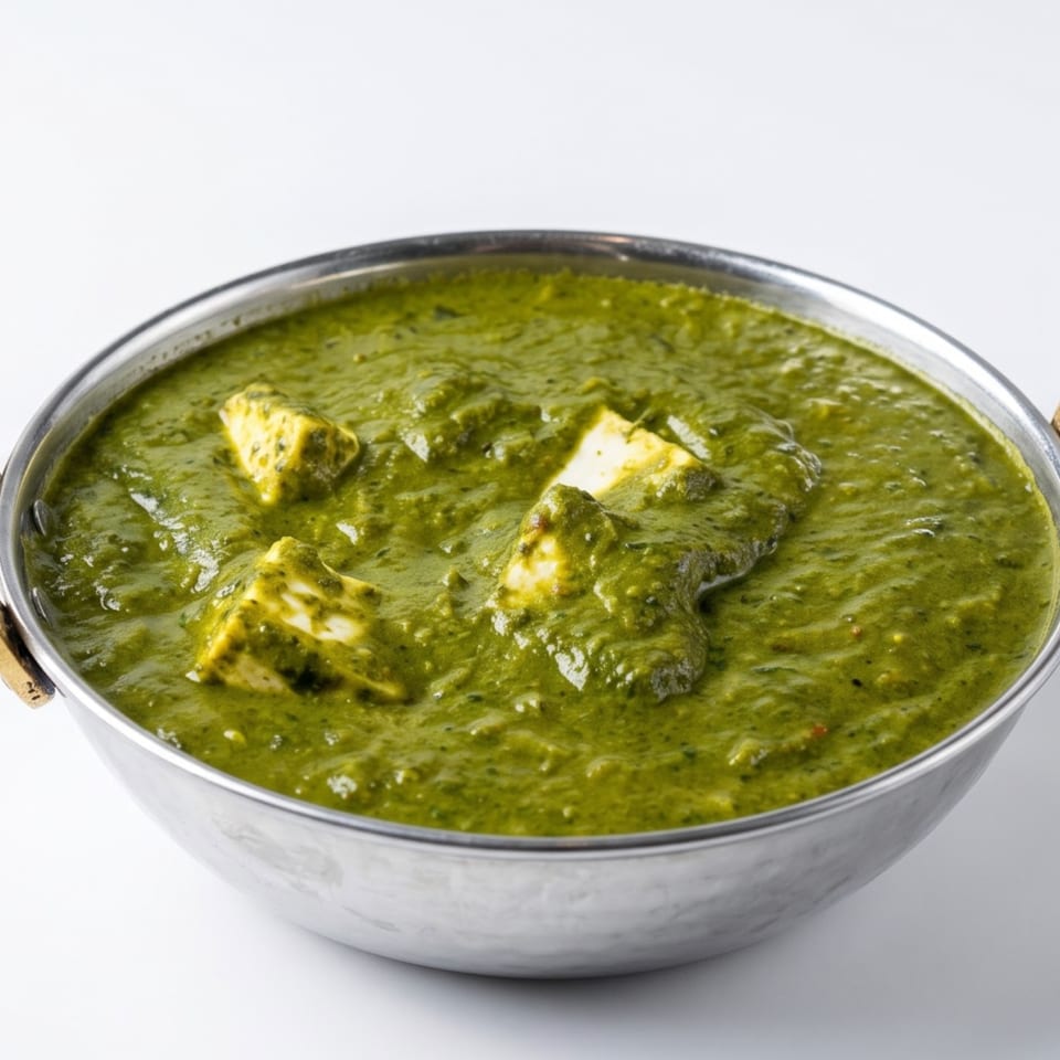 Palak Paneer, a vibrant green spinach and cheese curry, served in a traditional silver karahi.